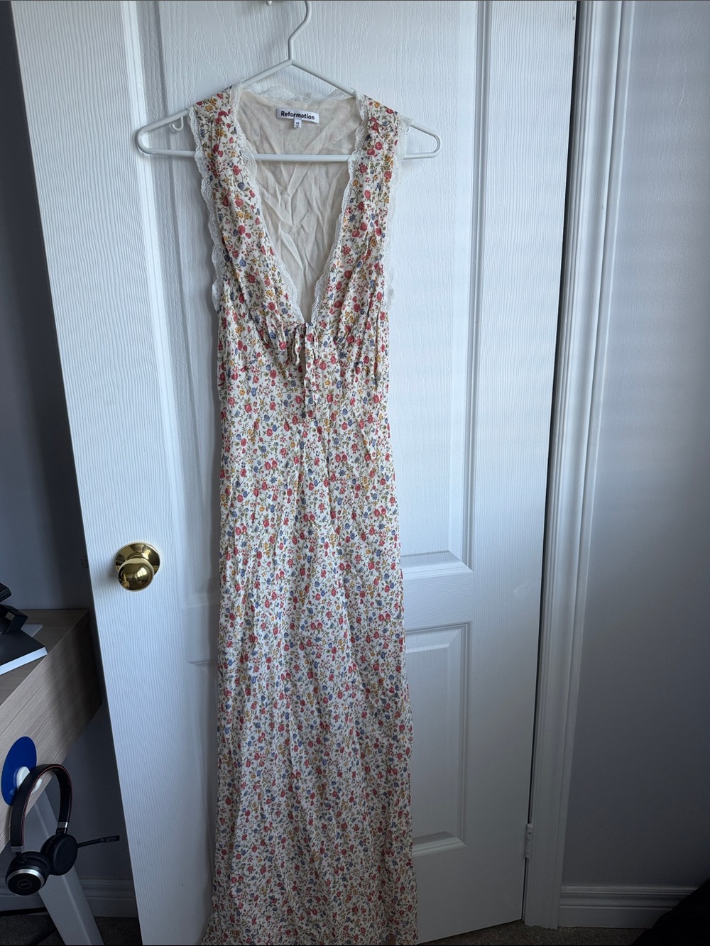 Reformation Cream Maxi Dress with Red & Pink Floral Print